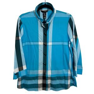 NWT Ali Miles Blue Turquoise Plaid Long Sleeve Button Front Wire Collar Sz Small